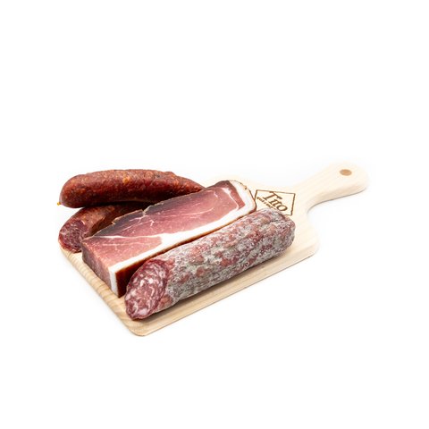 Wooden Board with a Trio of Cured Meats